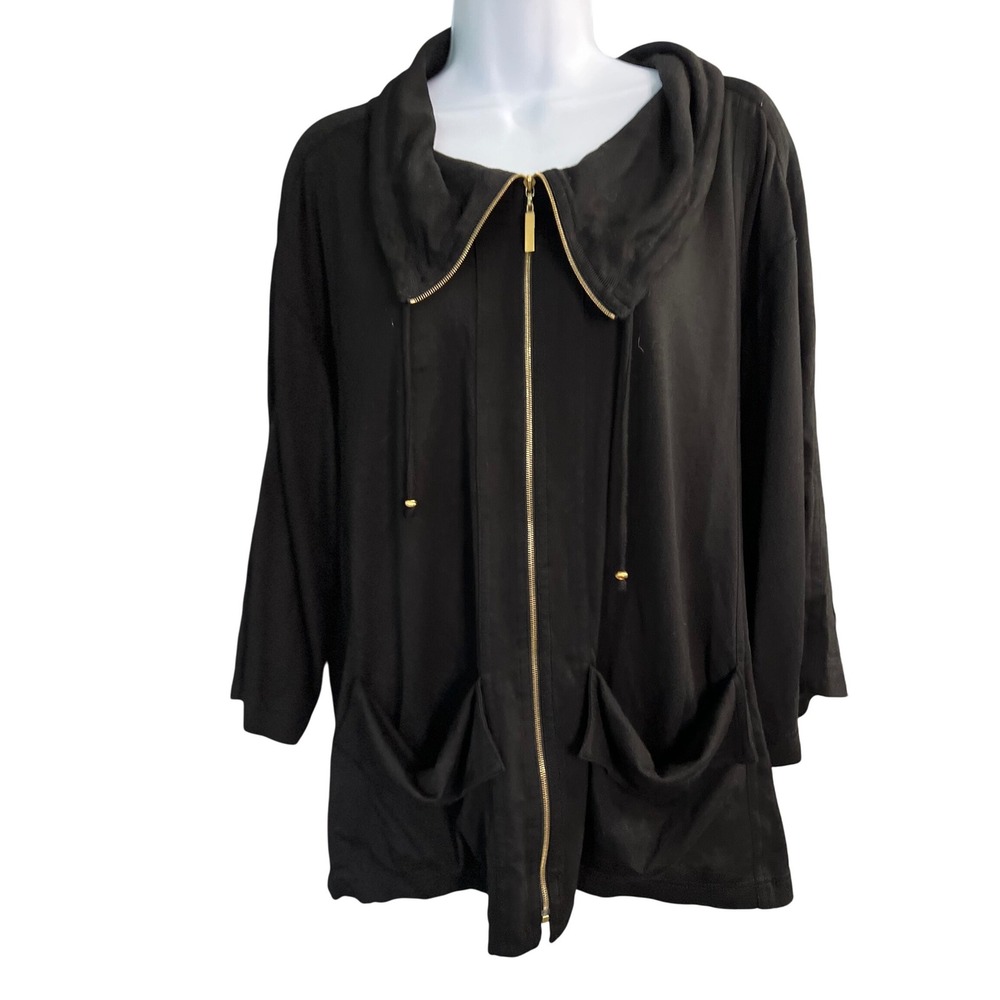 St. John‎ Spa Marie Drawstring Jacket Women S Black Zip Stretch Lounge Athlete